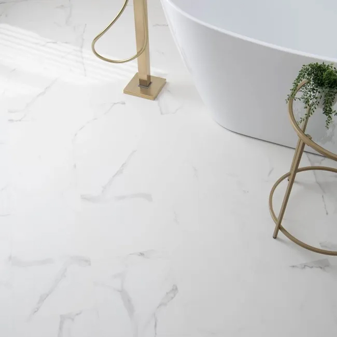 Crystal white marble tile luxury click vinyl flooring in a bathroom