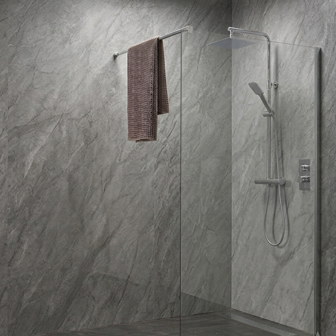 Grey marble gloss shower wall panels in a contemporary bathroom
