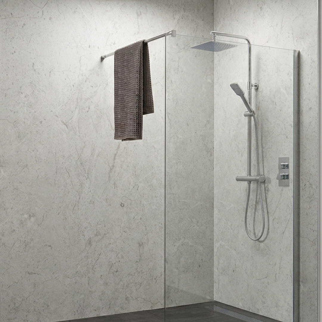 Light grey marble matt wall panels in a modern shower room