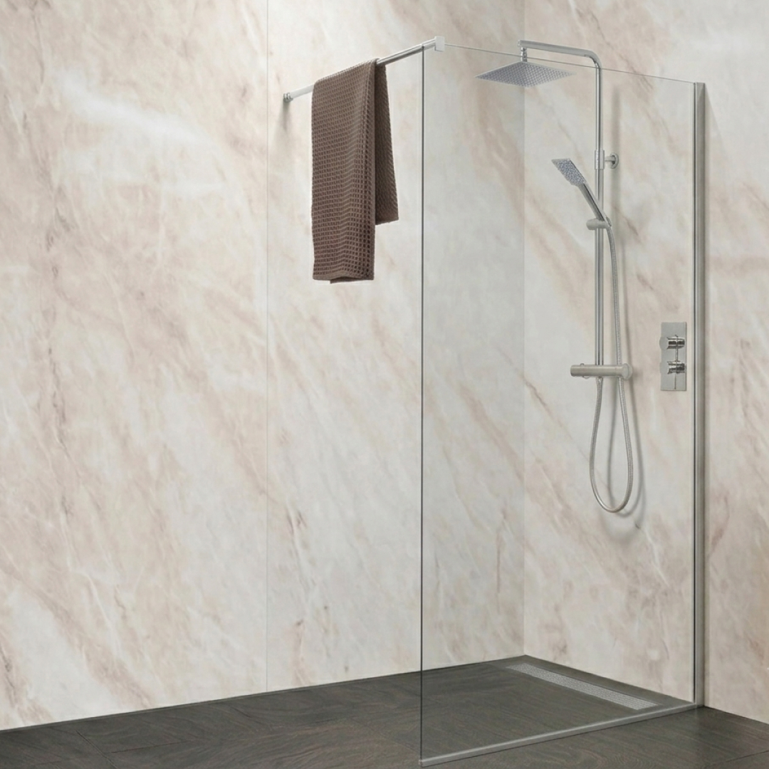 Pergamon marble wall panels in a luxury bathroom