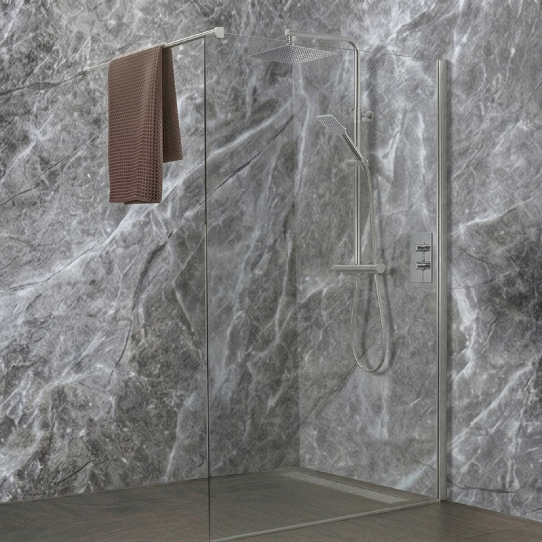 Pietra marble gloss wall panels in a contemporary shower