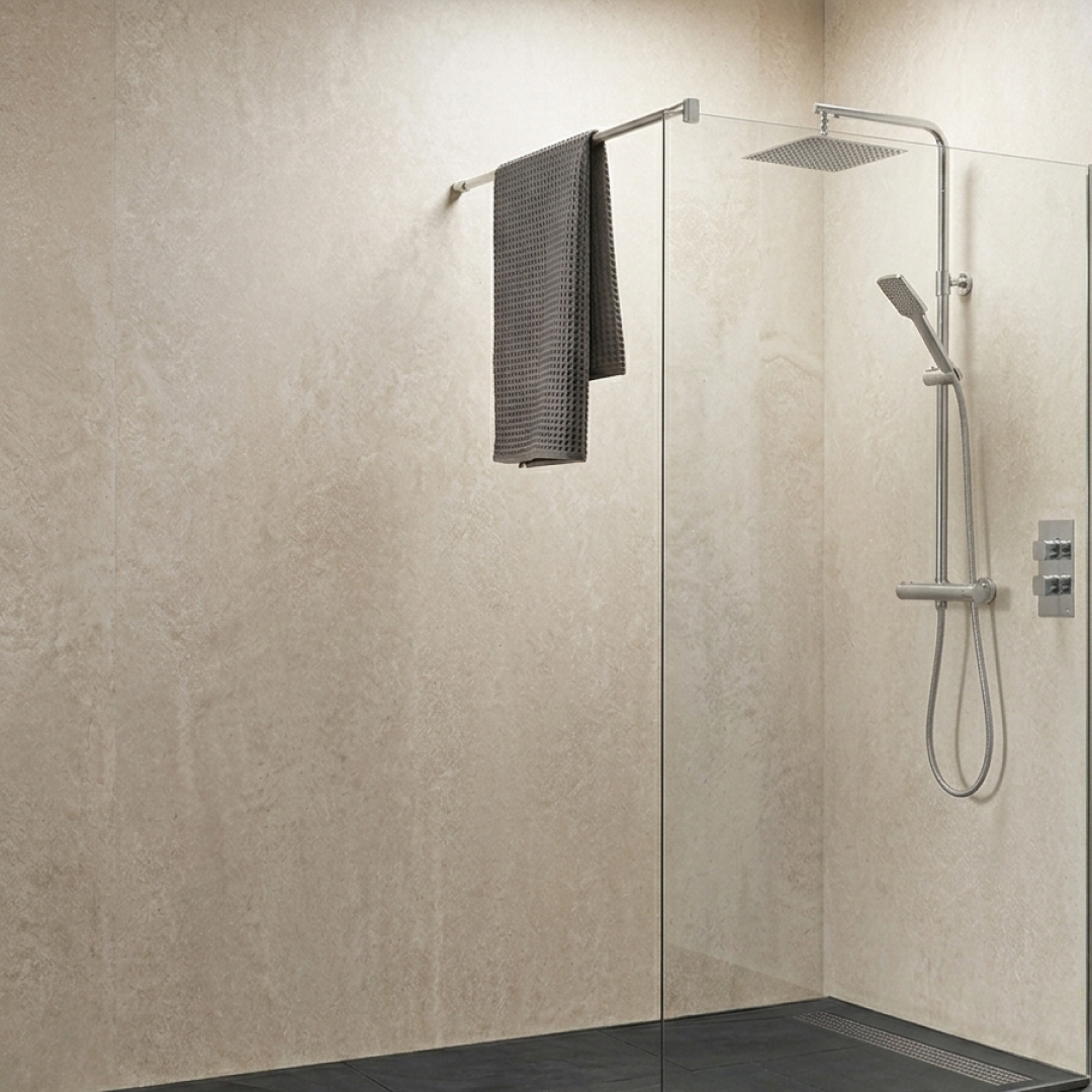 Premium beige concrete matt wall panels in a modern bathroom