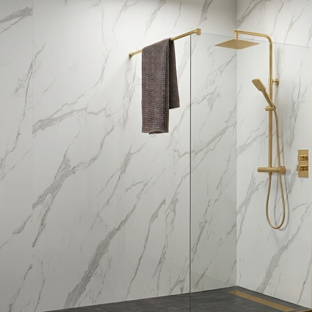 Premium Carrara white marble gloss wall panels with gold detailing