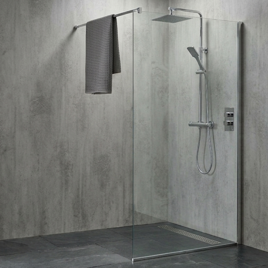 Premium grey concrete shower wall panels in a walk-in shower